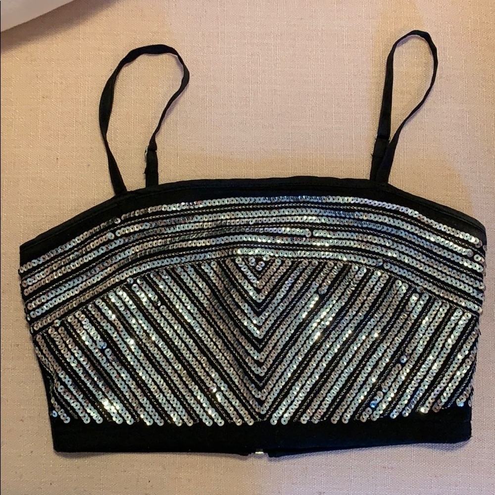 Black Sequin Crop Top with Strappy Shoulders